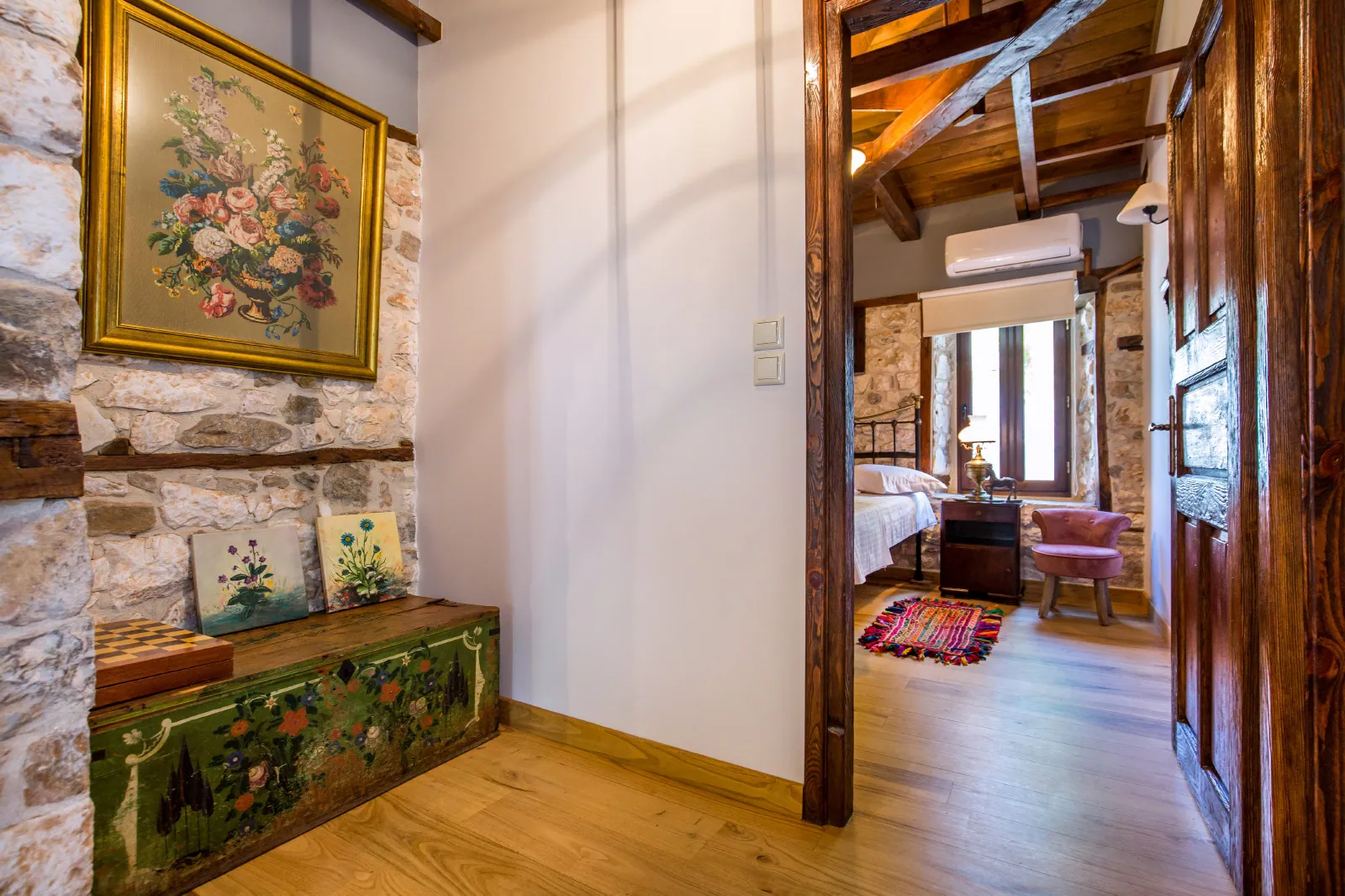 Bedroom and restored interior 10 at Maroyda Stonehouse in Panagia, Thassos