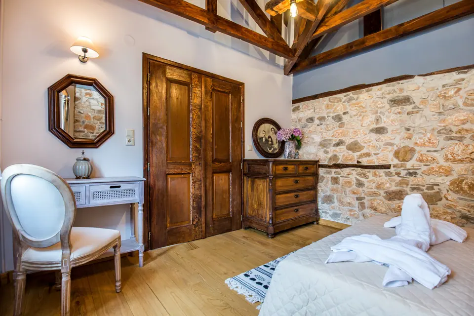 Bedroom and restored interior 8 at Maroyda Stonehouse in Panagia, Thassos