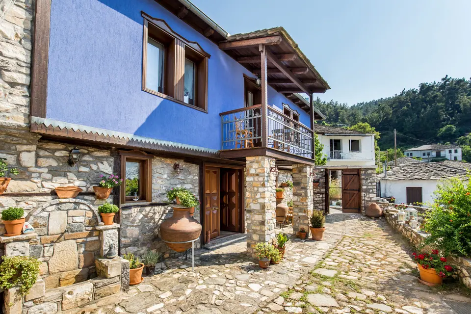 Exterior, courtyard, and village view 3 at Maroyda Stonehouse in Panagia, Thassos