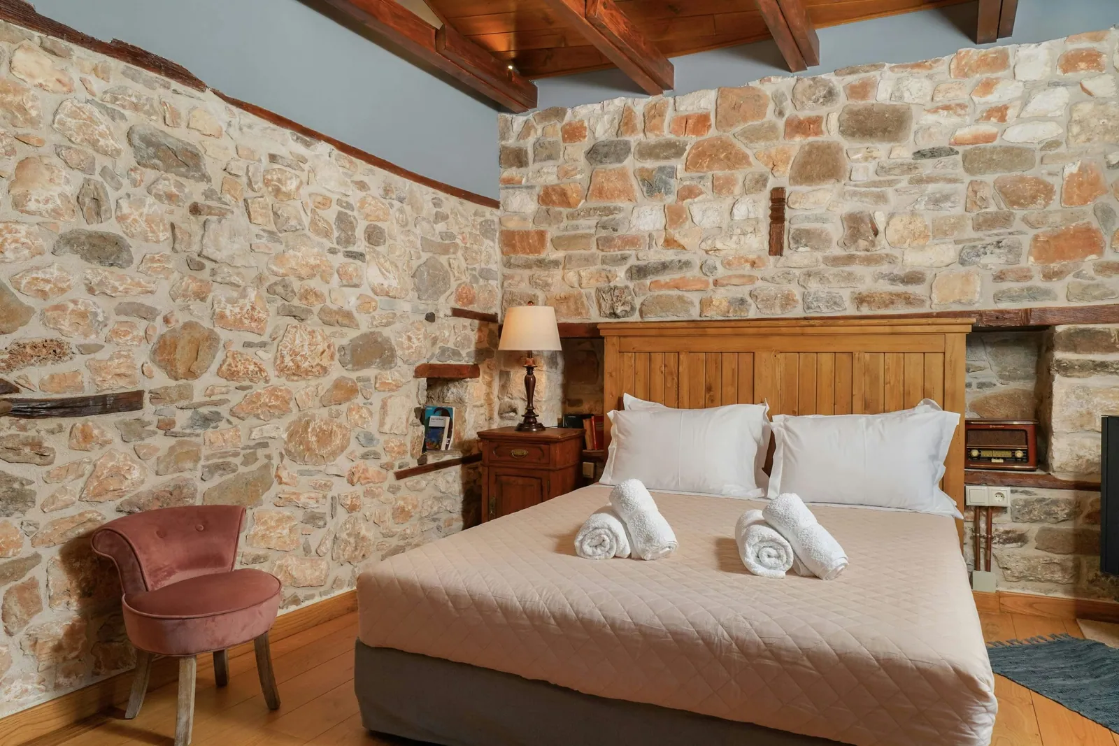 Bedroom and restored interior 4 at Maroyda Stonehouse in Panagia, Thassos