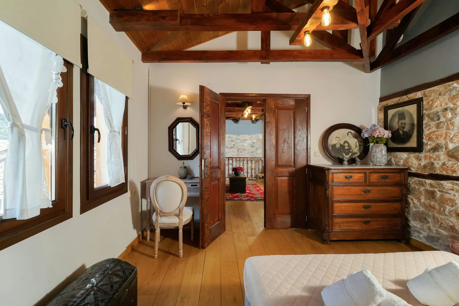 Bedroom and restored interior 6 at Maroyda Stonehouse in Panagia, Thassos